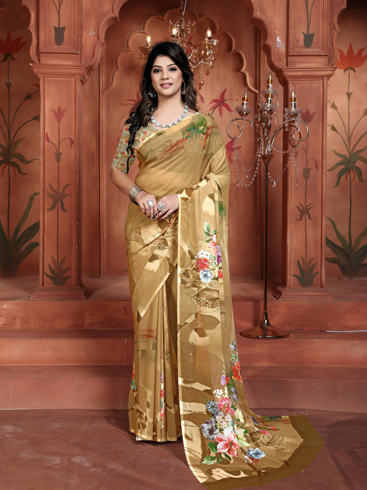 Brown Floral Weightless Georgette Saree | Trending Digital Print
