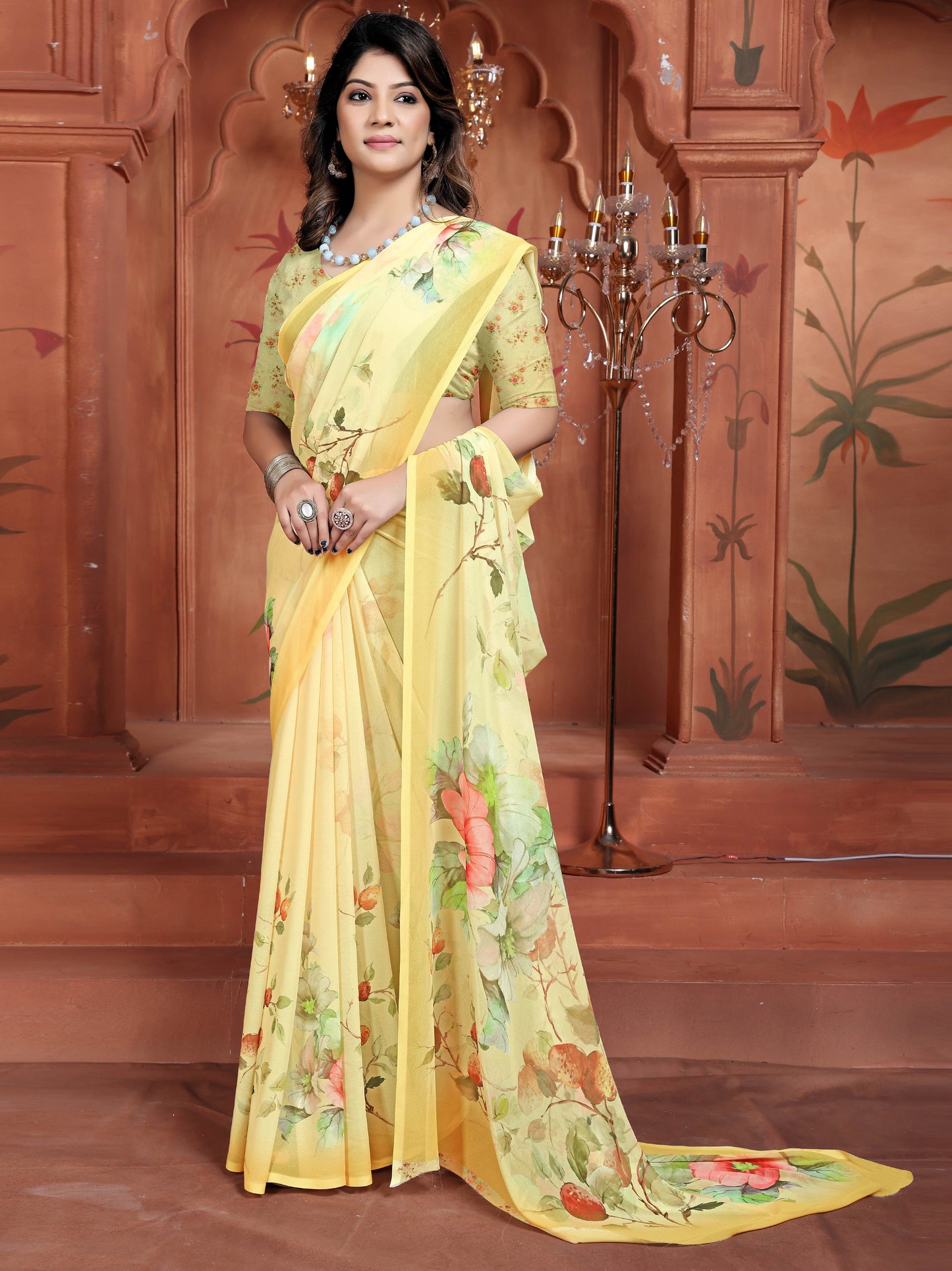 Trending Digital Yellow Floral Print Weightless Georgette Saree