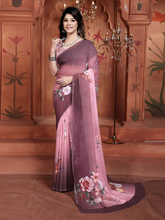 Purple Elegant Georgette Saree with Digital Floral Print