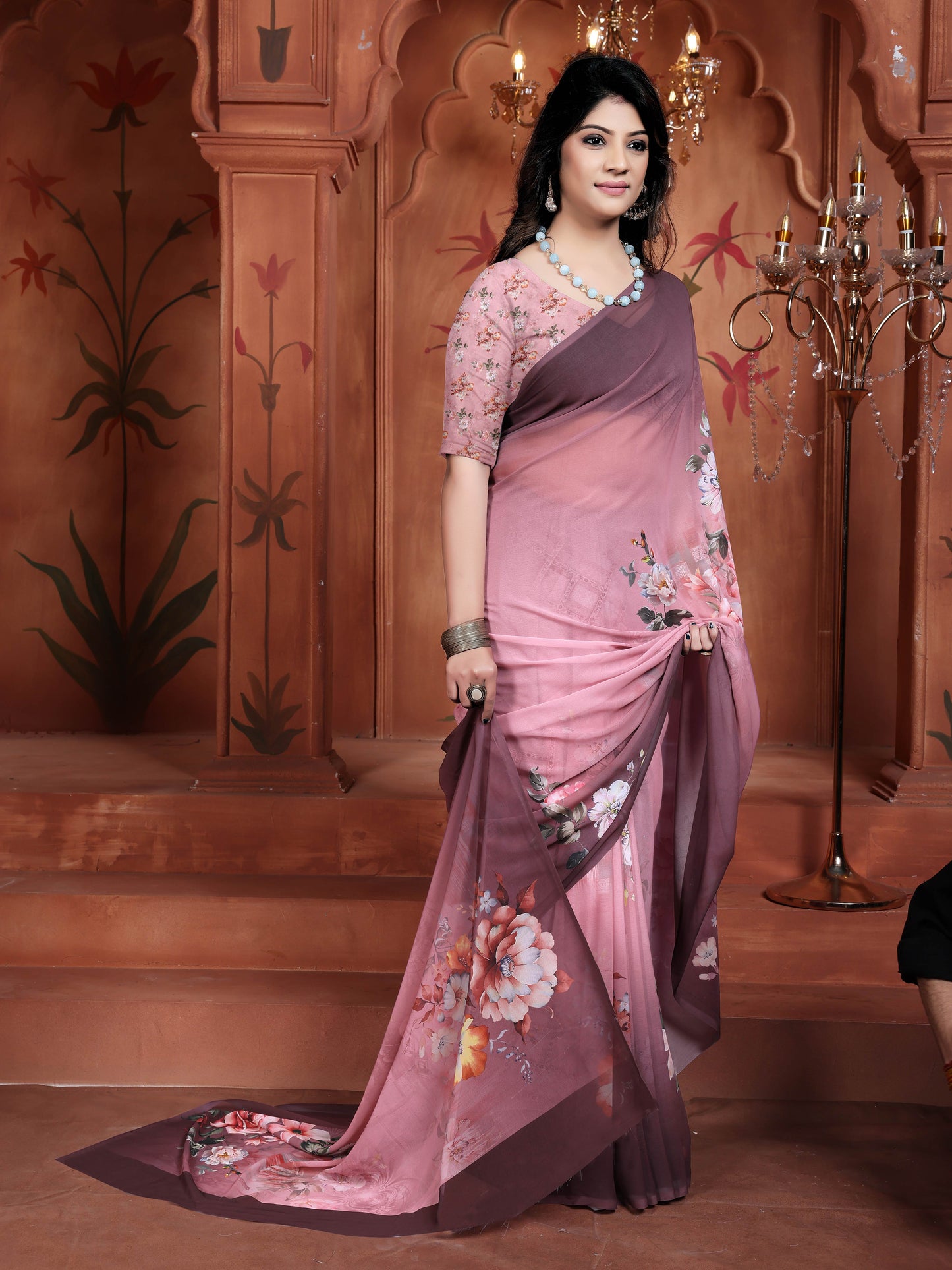 Purple Elegant Georgette Saree with Digital Floral Print
