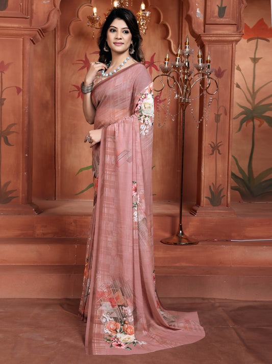 Pink Soft Georgette Saree with Digital Floral Design