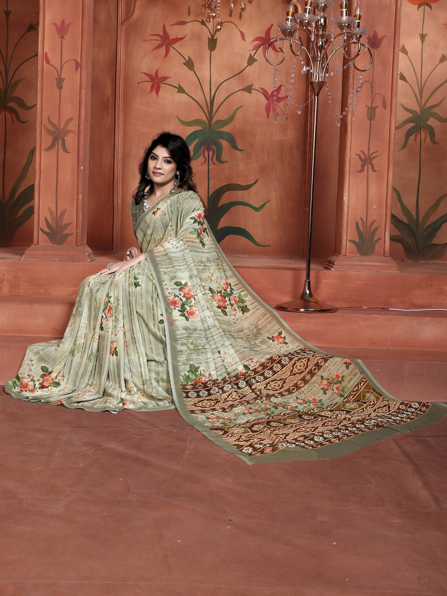 Olive Green Floral Digital Print Saree in Lightweight Georgette