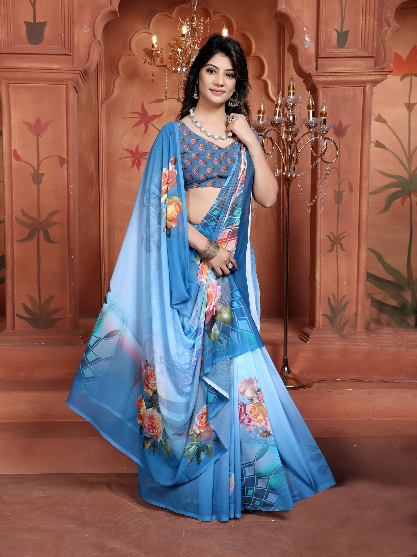 Trendy Blue Digital Floral Geometric Print Saree in Weightless Georgette