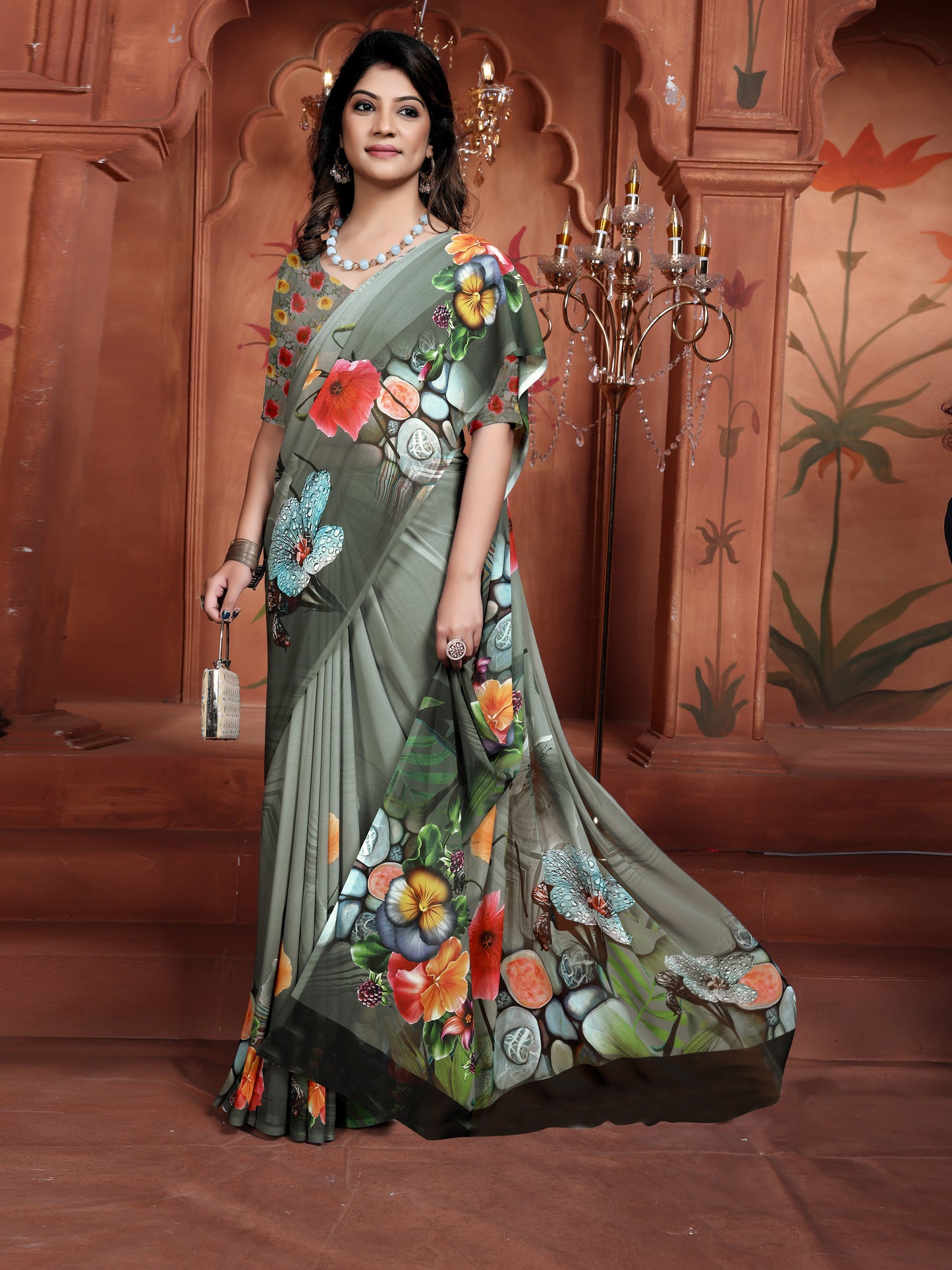 Grey Elegant Floral Printed Saree for Women Party Wear 2025 Trend