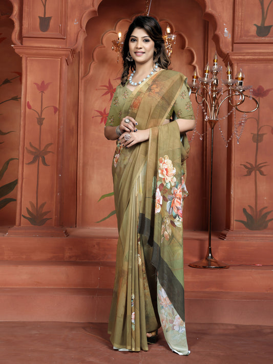 Elegant Green Floral Saree for Women - Designer Casual Daily Wear