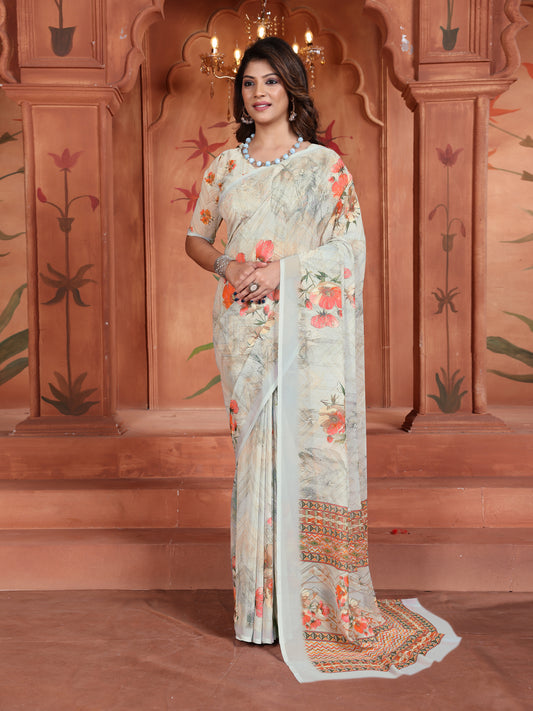 Elegant Light Grey Floral Printed Saree for Women - Latest Designer Trend