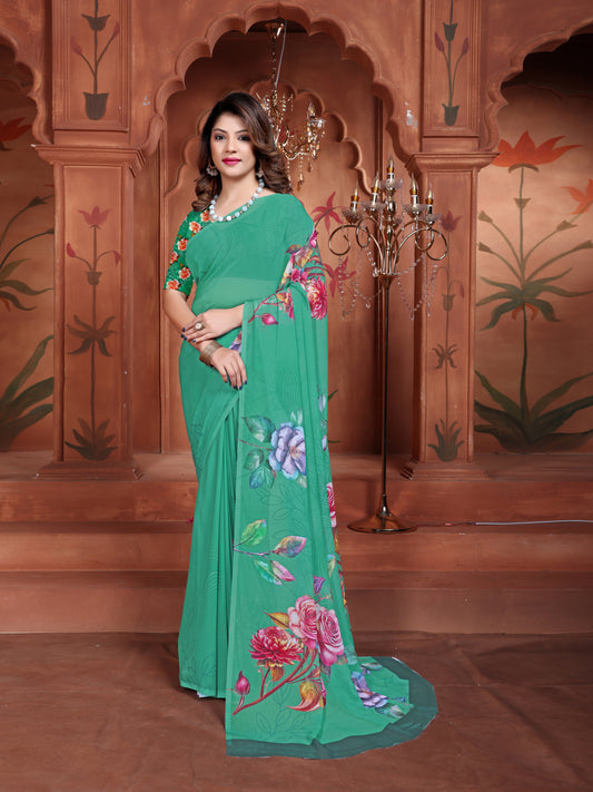 Elegant Cyan Green Floral Saree for Women - Latest Daily Wear Trend