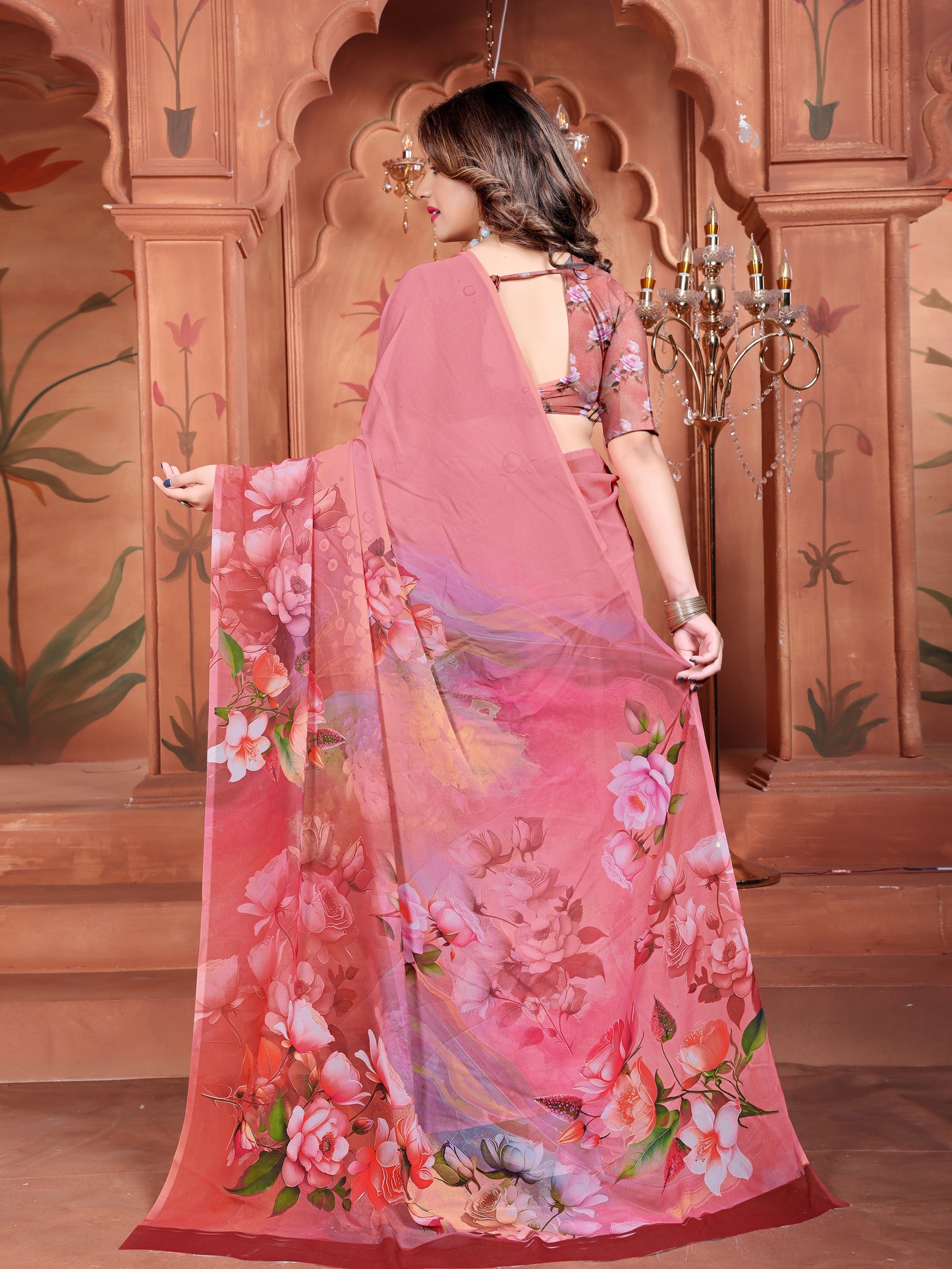 Floral Pink Georgette Saree for Women – Trendy Daily Wear 2025