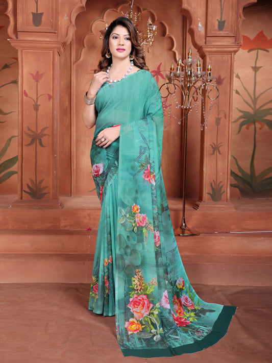 Elegant Floral Cyan Green Casual Saree for Women