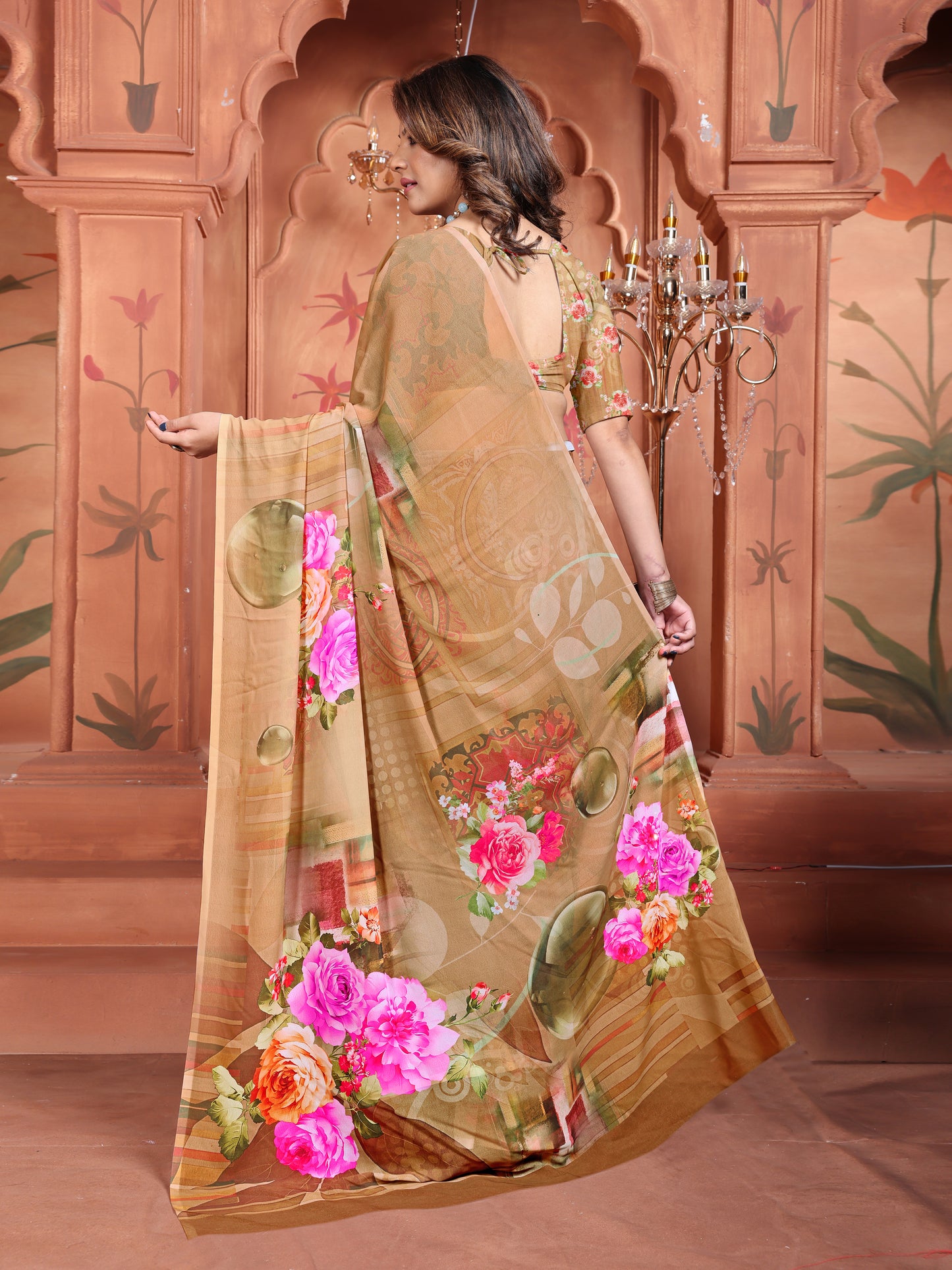 Brown Floral Printed Georgette Saree for Women | Shop New Trends