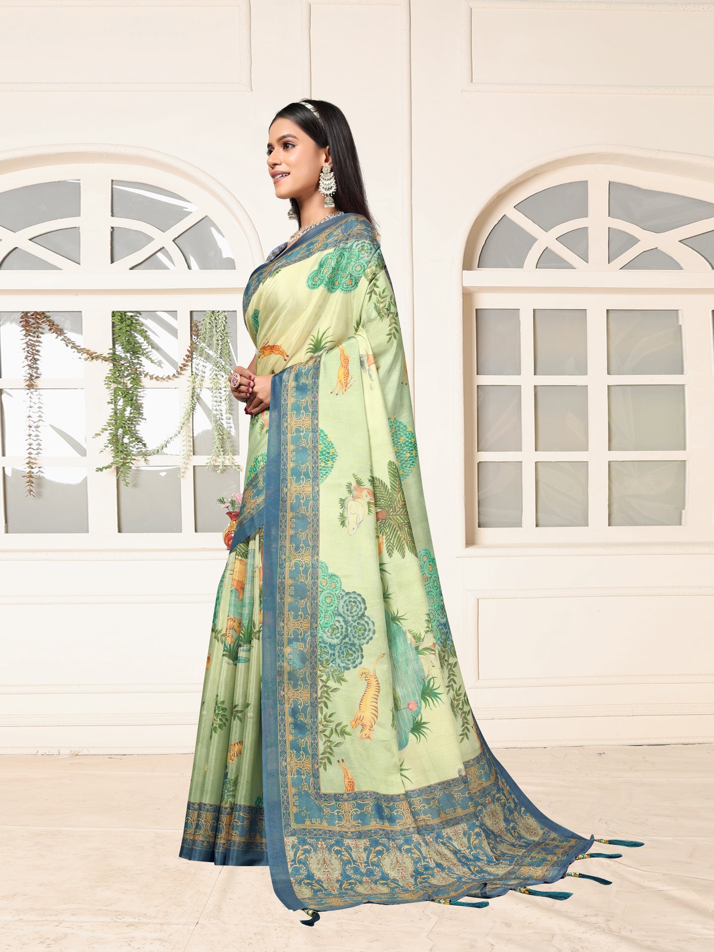 Pastel Green Designer Dolla Silk Saree with Blue Border