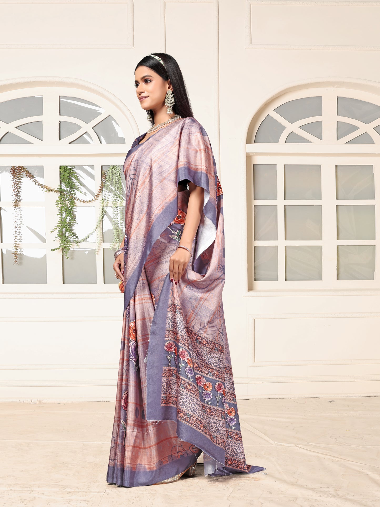 Purple Dolla Silk Elegant Floral Print saree for women