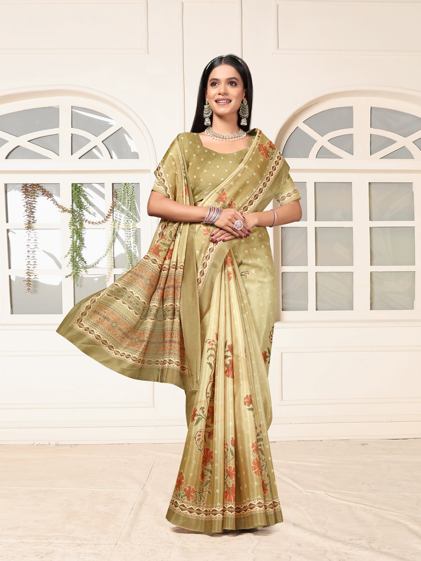 Mustard Brown Dolla Silk Printed Ethnic Saree Casual Daily Festive Wear