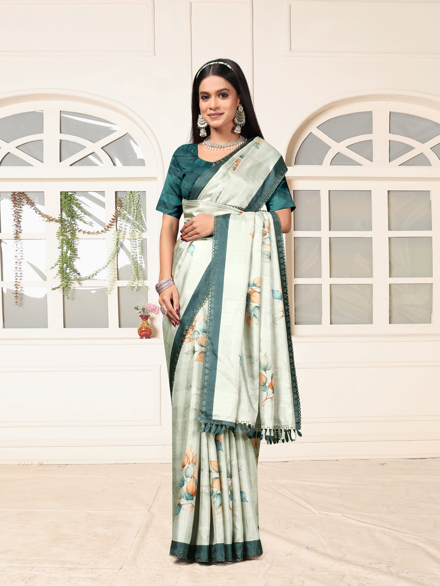 Sage Green Floral Silk Saree | Elegant Festive & Daily Ethnic Wear