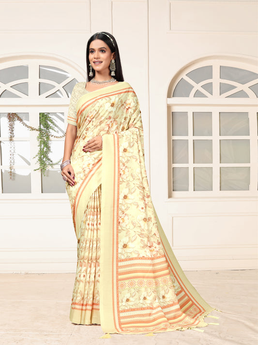 Elegant Cream Floral Print Silk Saree with Designer Border