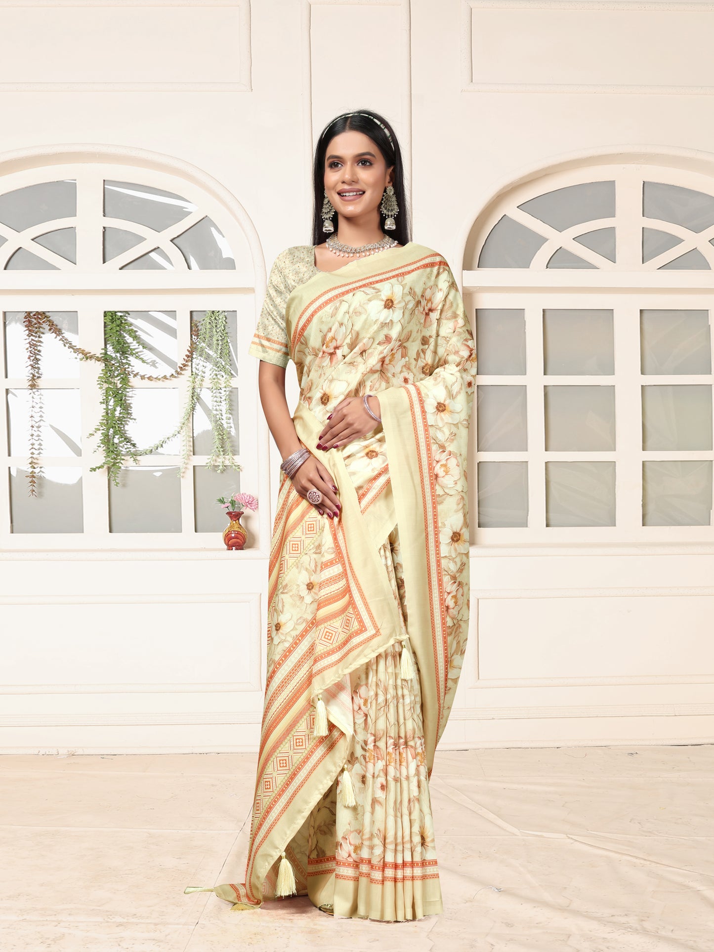 Elegant Cream Floral Print Silk Saree with Designer Border