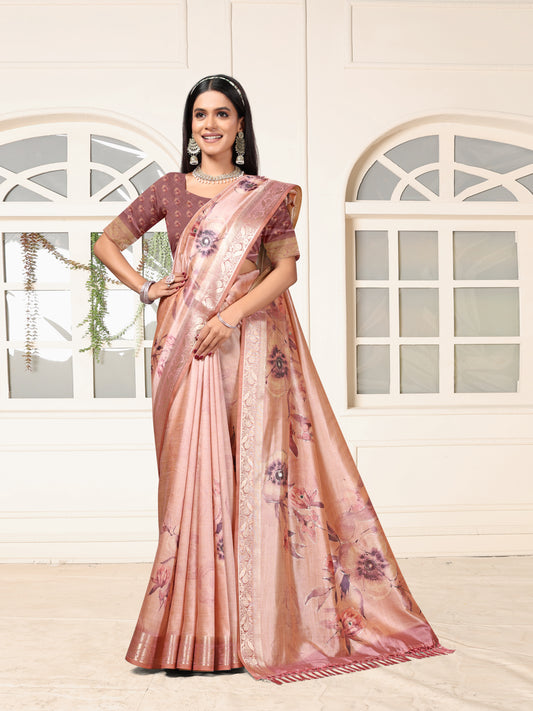 Peach Pink Woven Silk Saree with Designer Border & Ethnic Prints