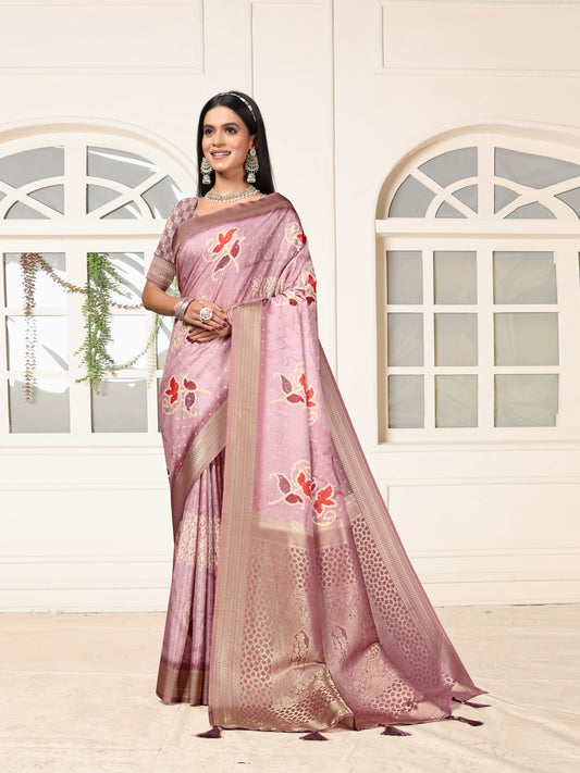 Elegant Lavender Satin Silk Saree with Floral & Zari Weaving