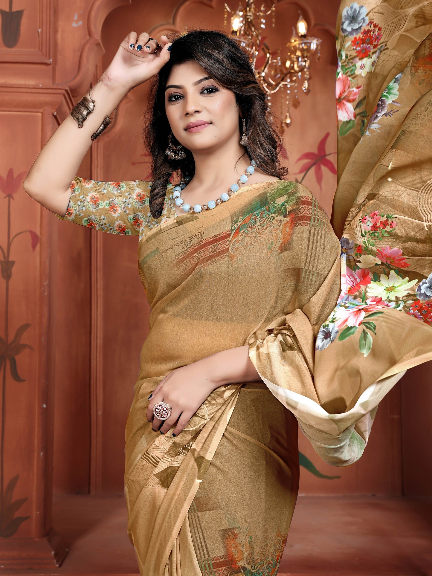 Brown Floral Weightless Georgette Saree | Trending Digital Print