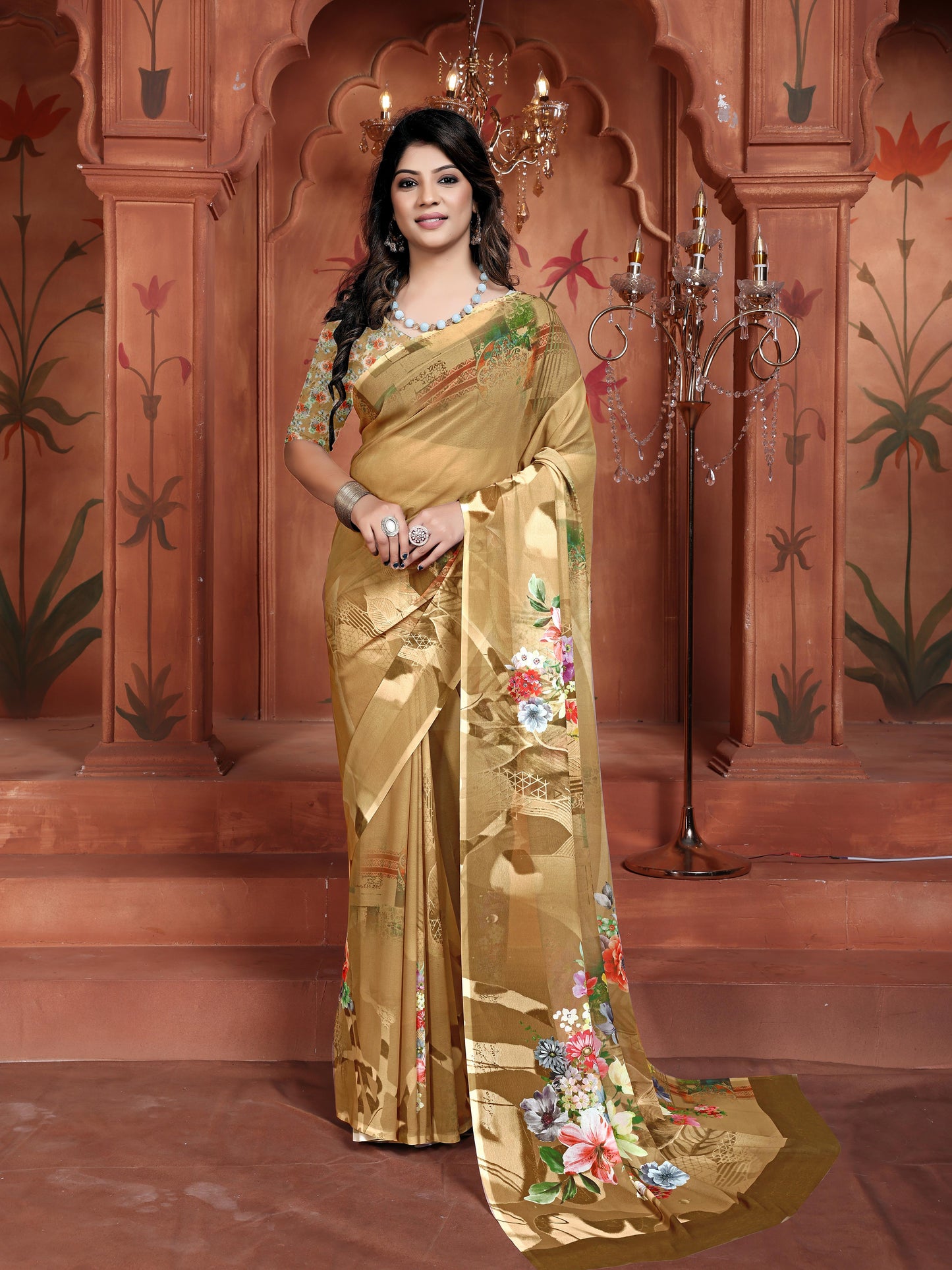 Brown Floral Weightless Georgette Saree | Trending Digital Print