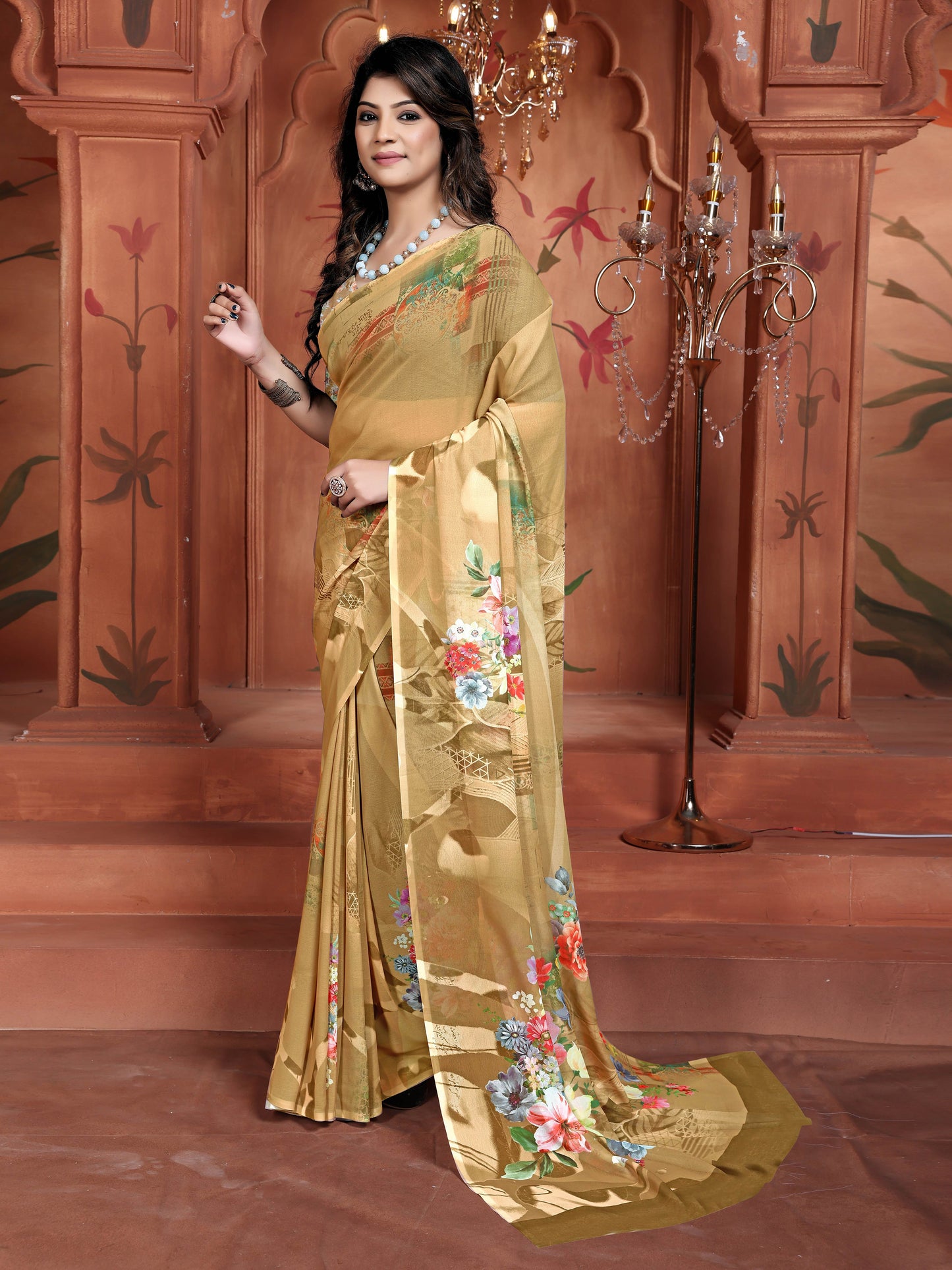 Brown Floral Weightless Georgette Saree | Trending Digital Print