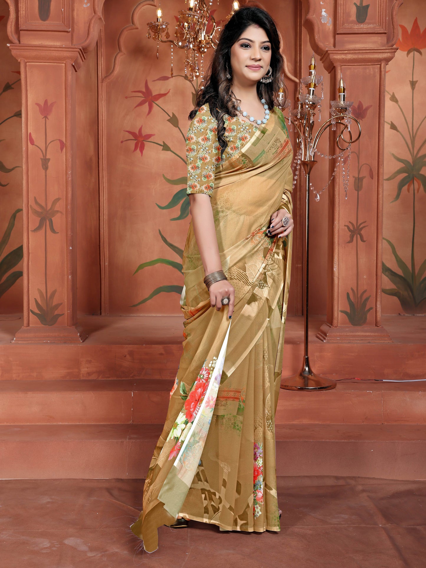 Brown Floral Weightless Georgette Saree | Trending Digital Print