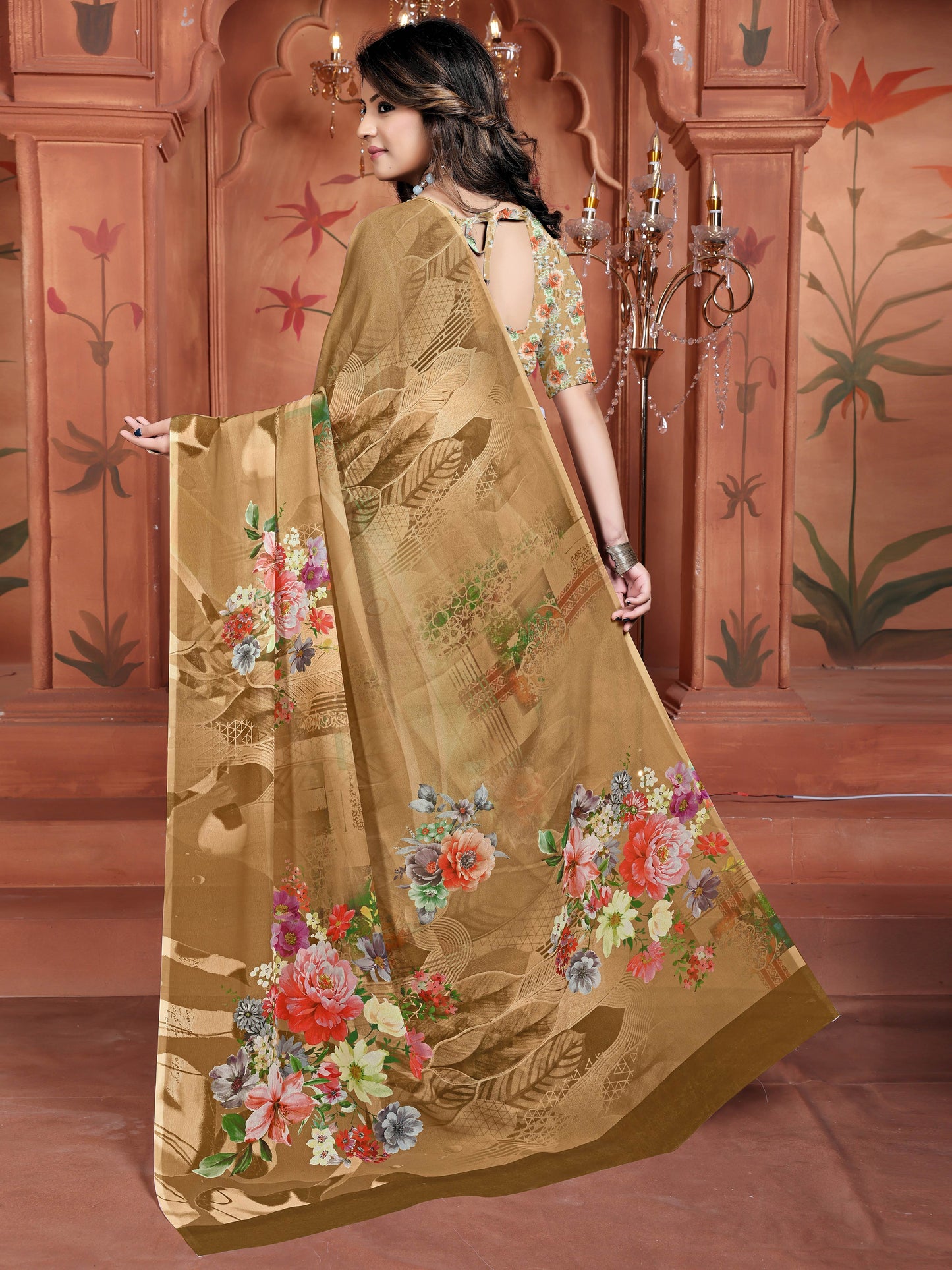 Brown Floral Weightless Georgette Saree | Trending Digital Print