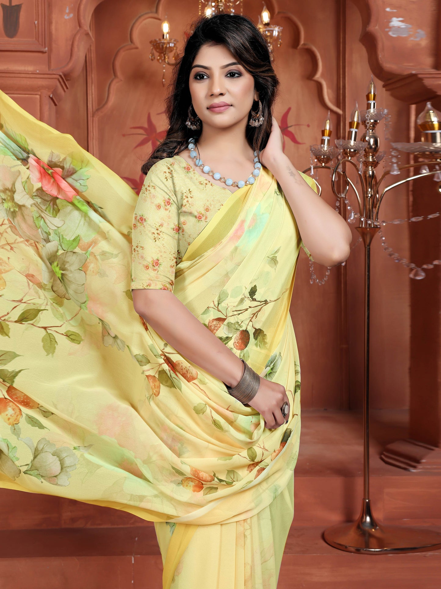 Trending Digital Yellow Floral Print Weightless Georgette Saree