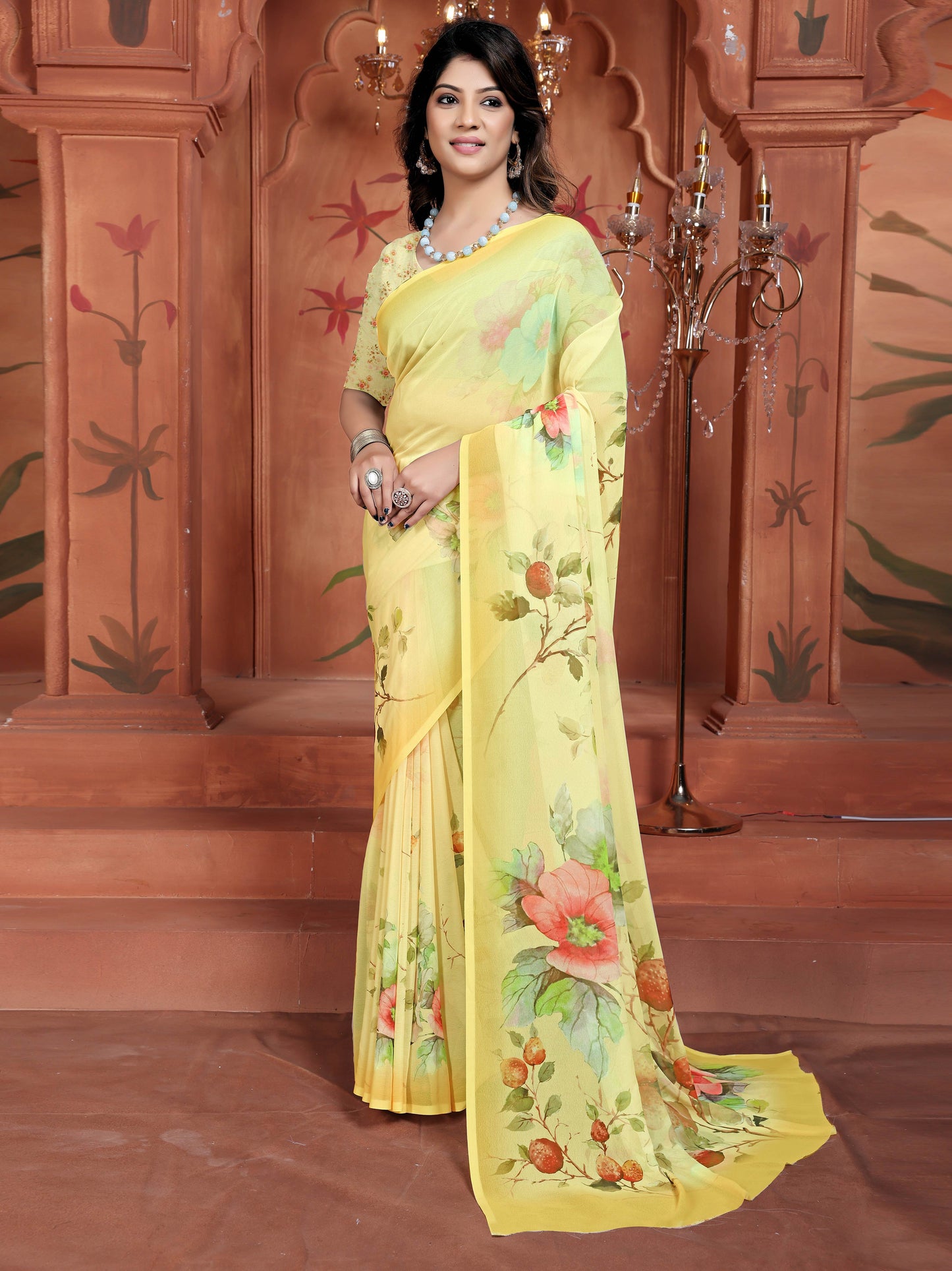 Trending Digital Yellow Floral Print Weightless Georgette Saree