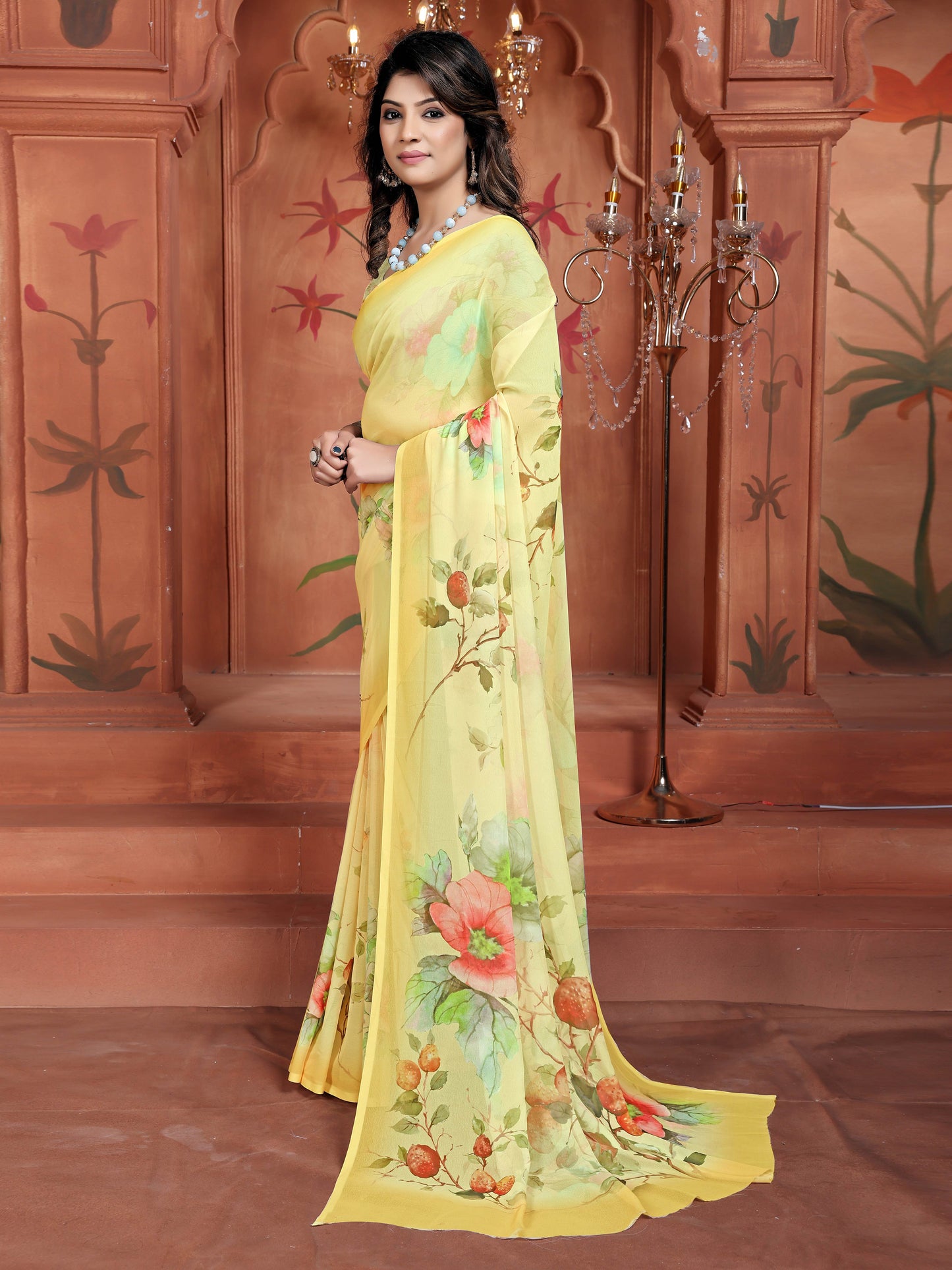 Trending Digital Yellow Floral Print Weightless Georgette Saree