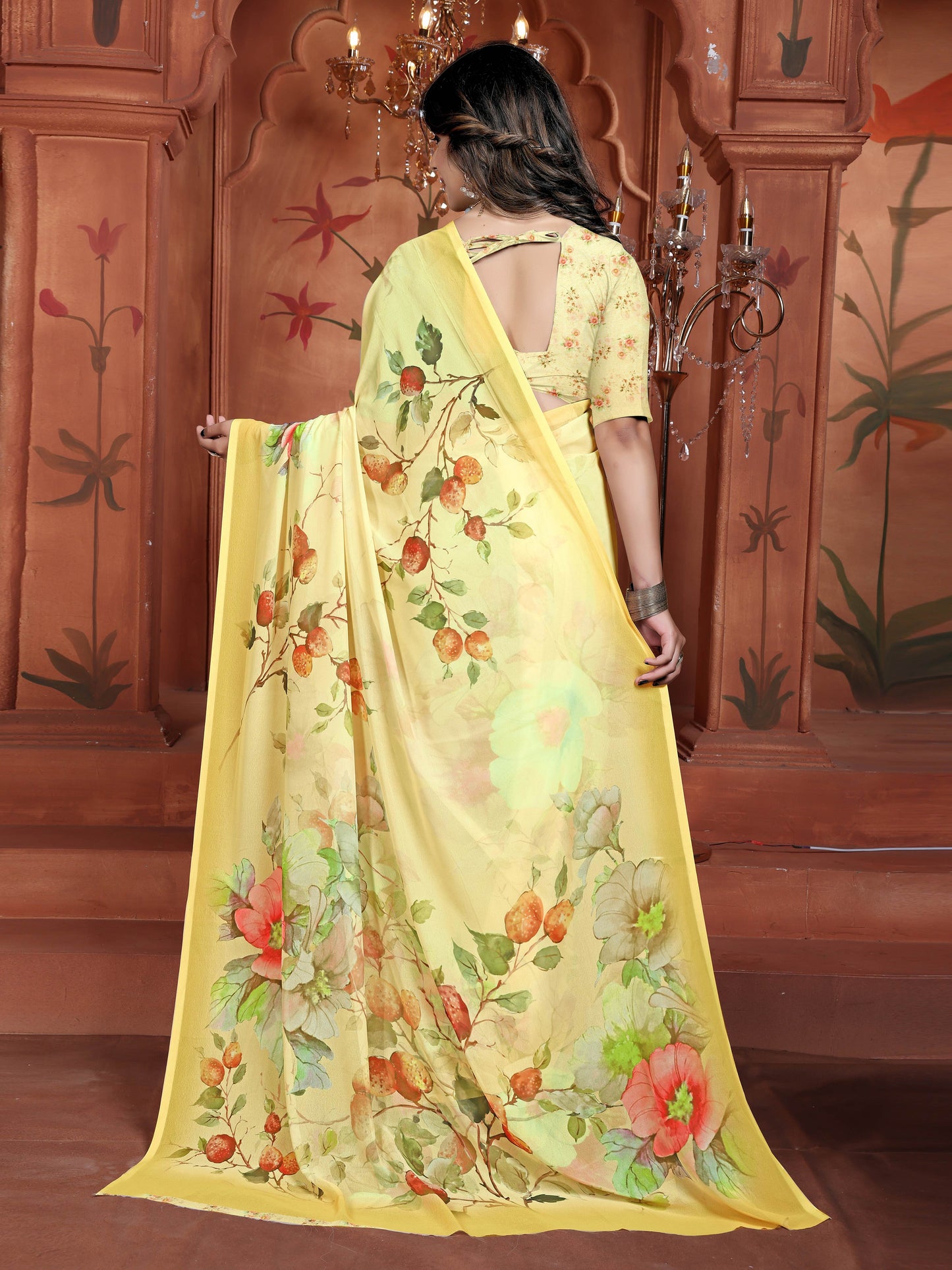 Trending Digital Yellow Floral Print Weightless Georgette Saree