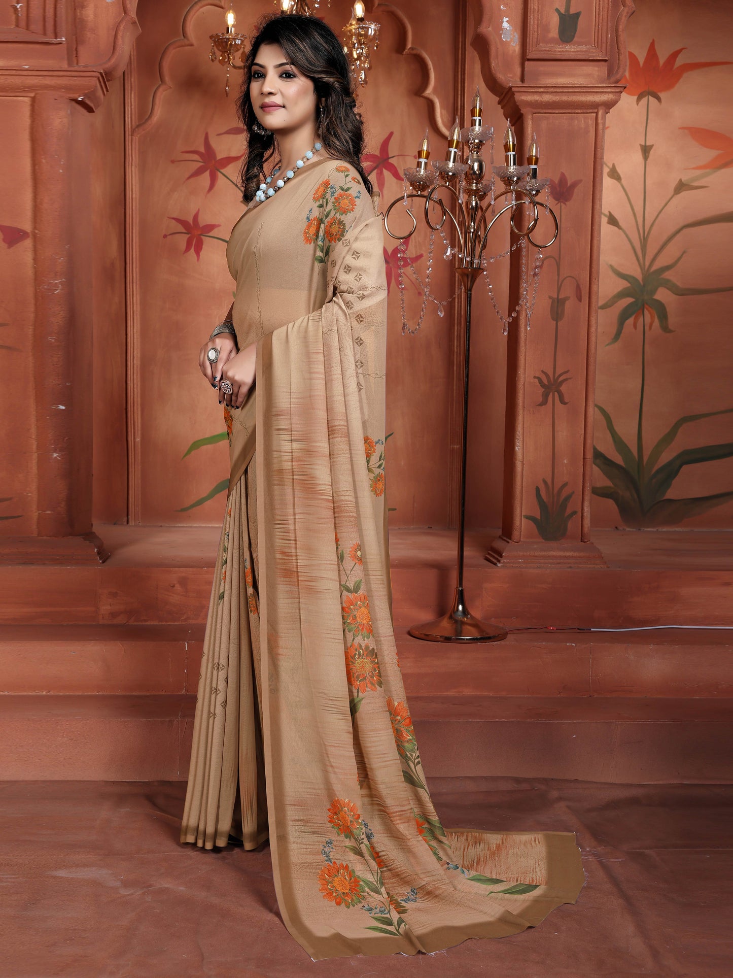 Trending Digital Print Brown Floral Weightless Georgette Saree