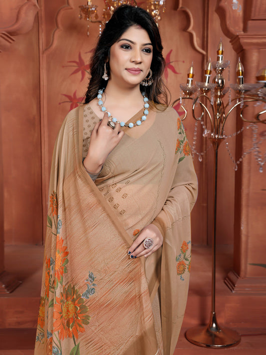 Trending Digital Print Brown Floral Weightless Georgette Saree