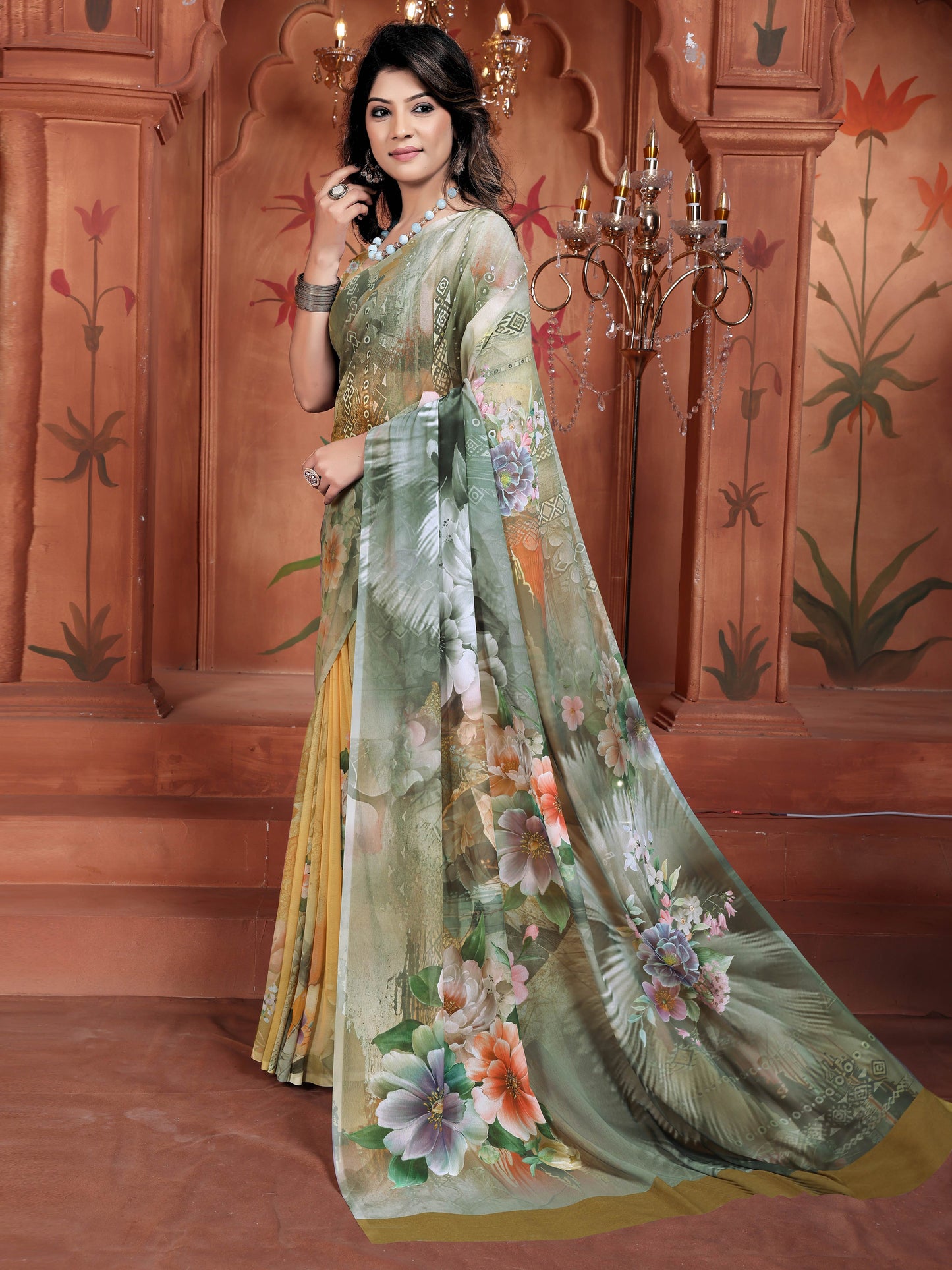 Orange Yellow Weightless Georgette Saree with Digital Floral Print – Chic & Comfy