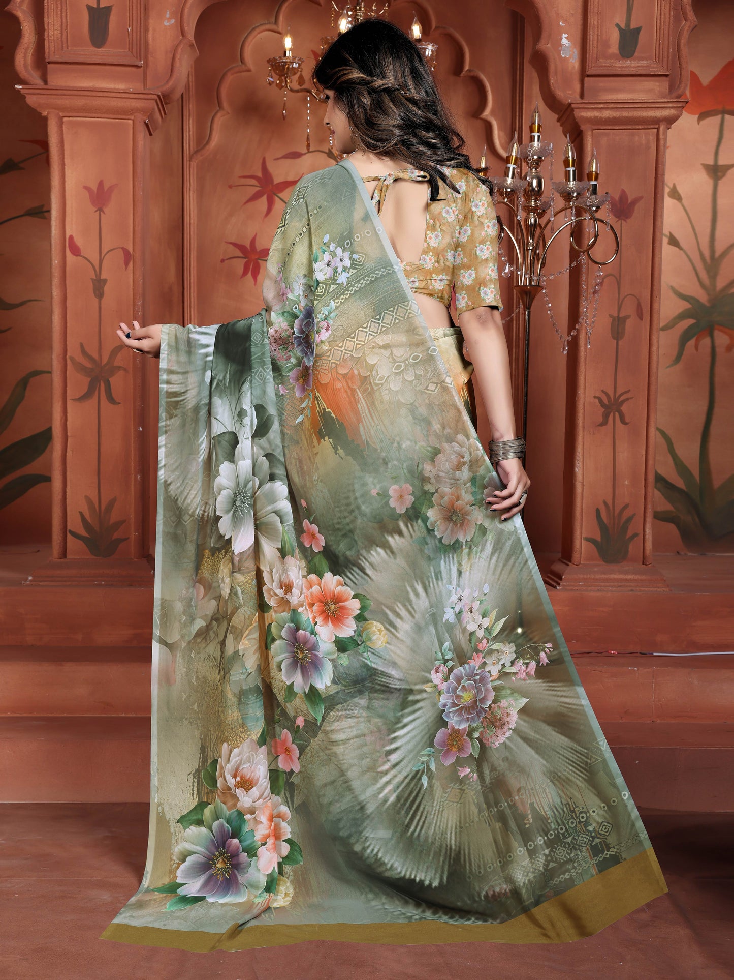 Orange Yellow Weightless Georgette Saree with Digital Floral Print – Chic & Comfy