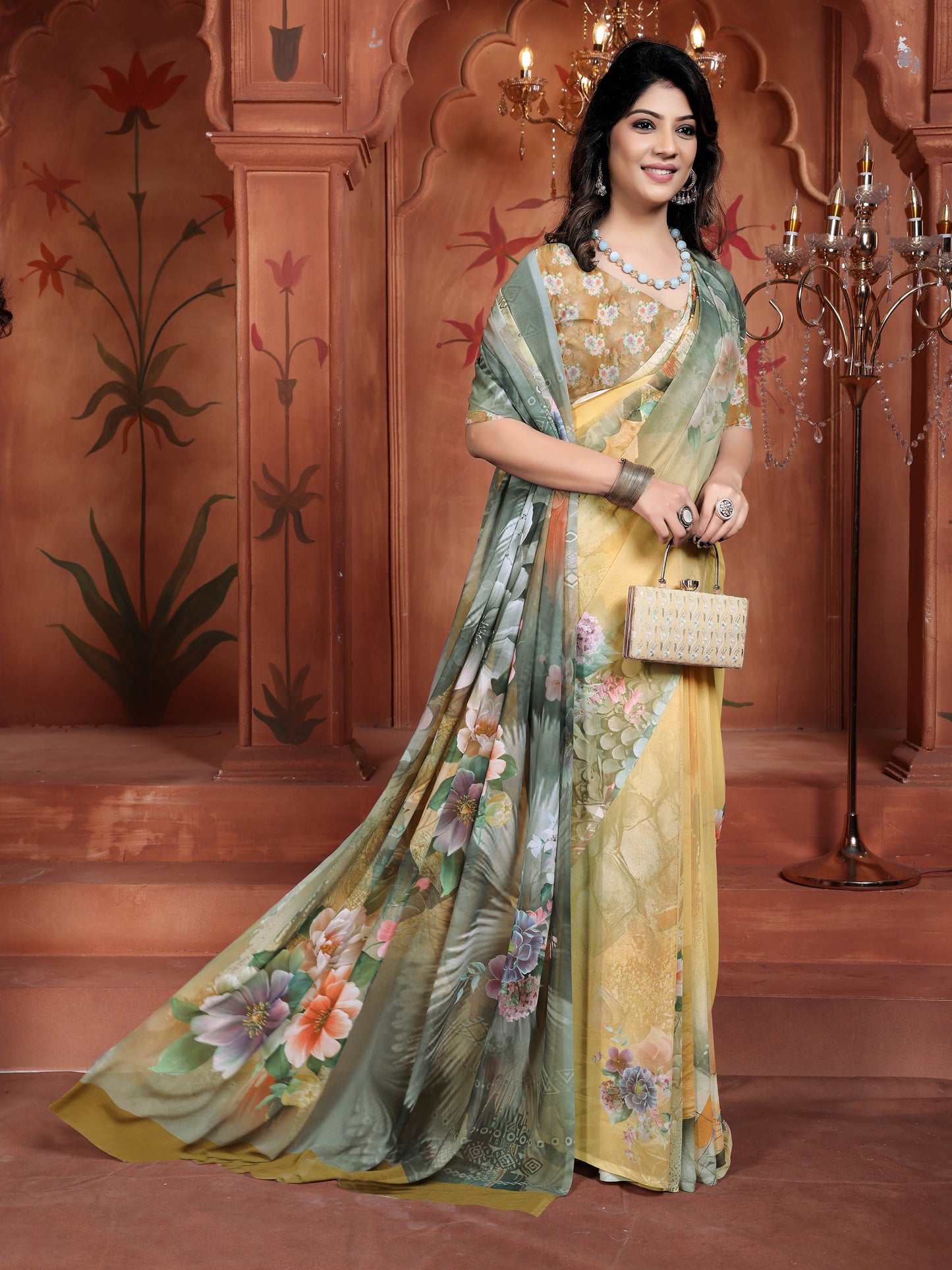 Orange Yellow Weightless Georgette Saree with Digital Floral Print – Chic & Comfy