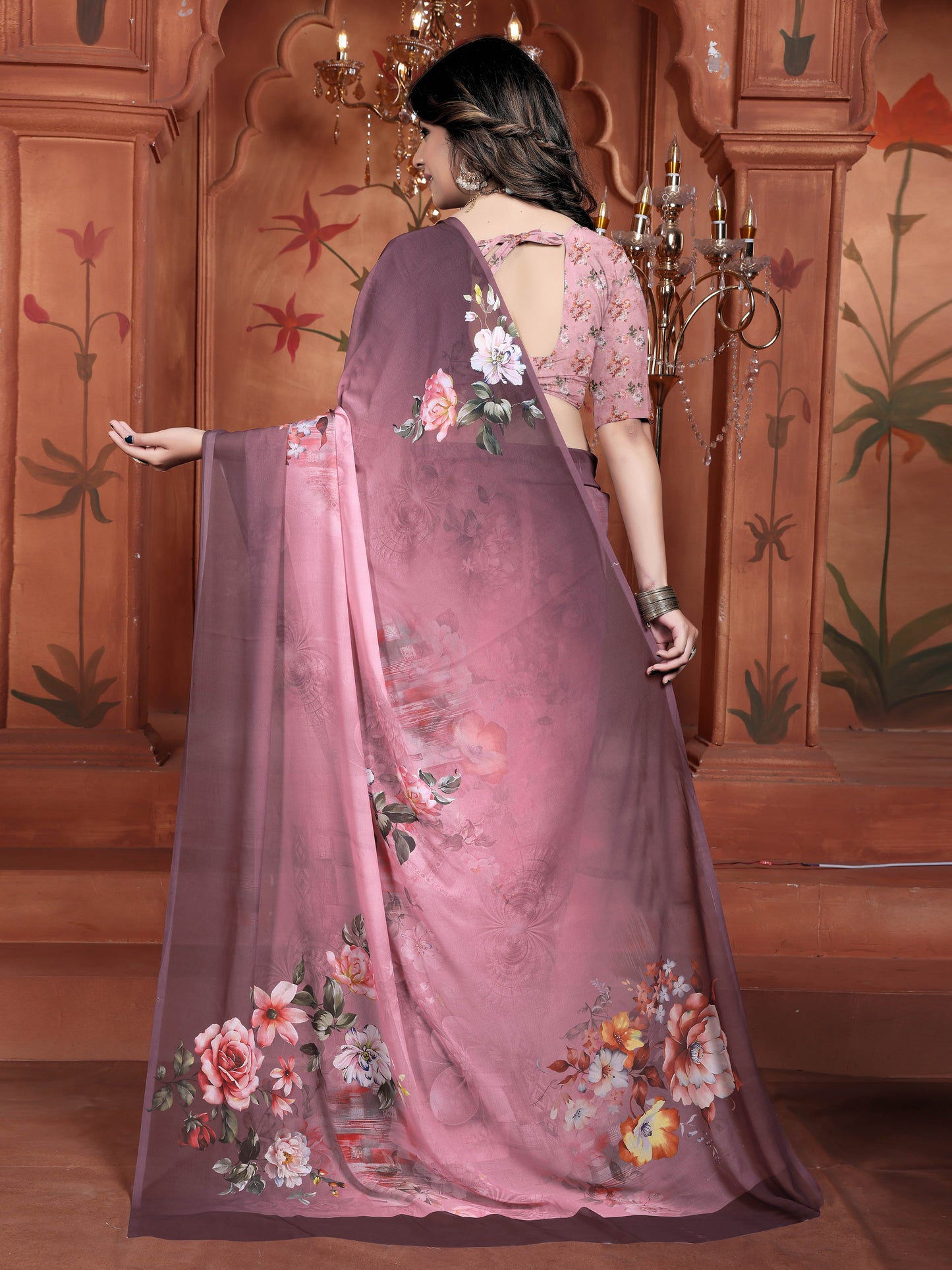 Purple Elegant Georgette Saree with Digital Floral Print