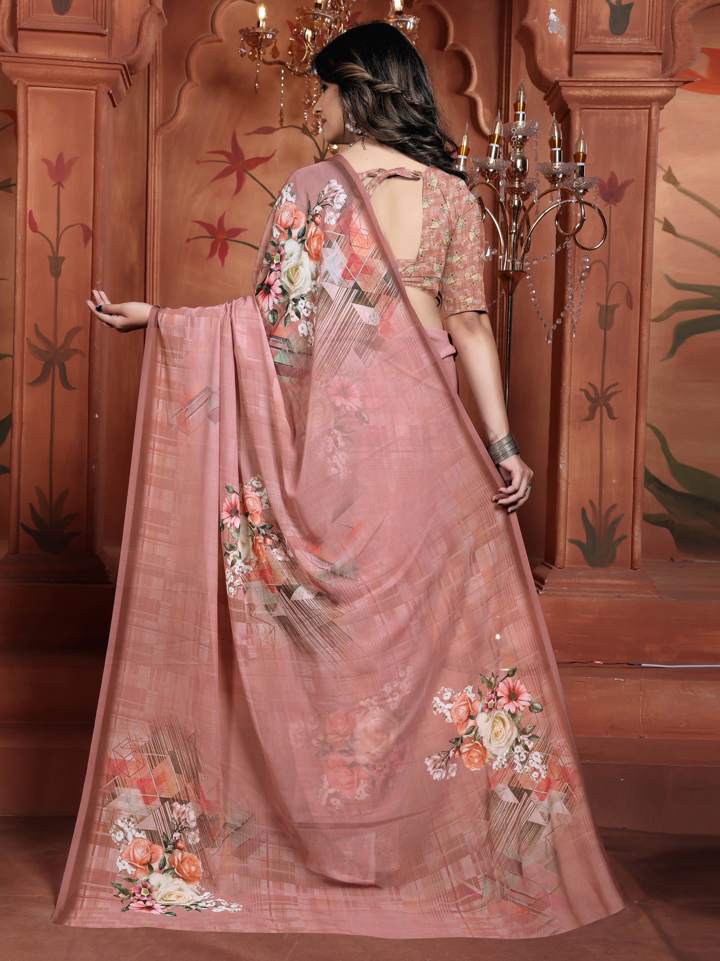 Pink Soft Georgette Saree with Digital Floral Design