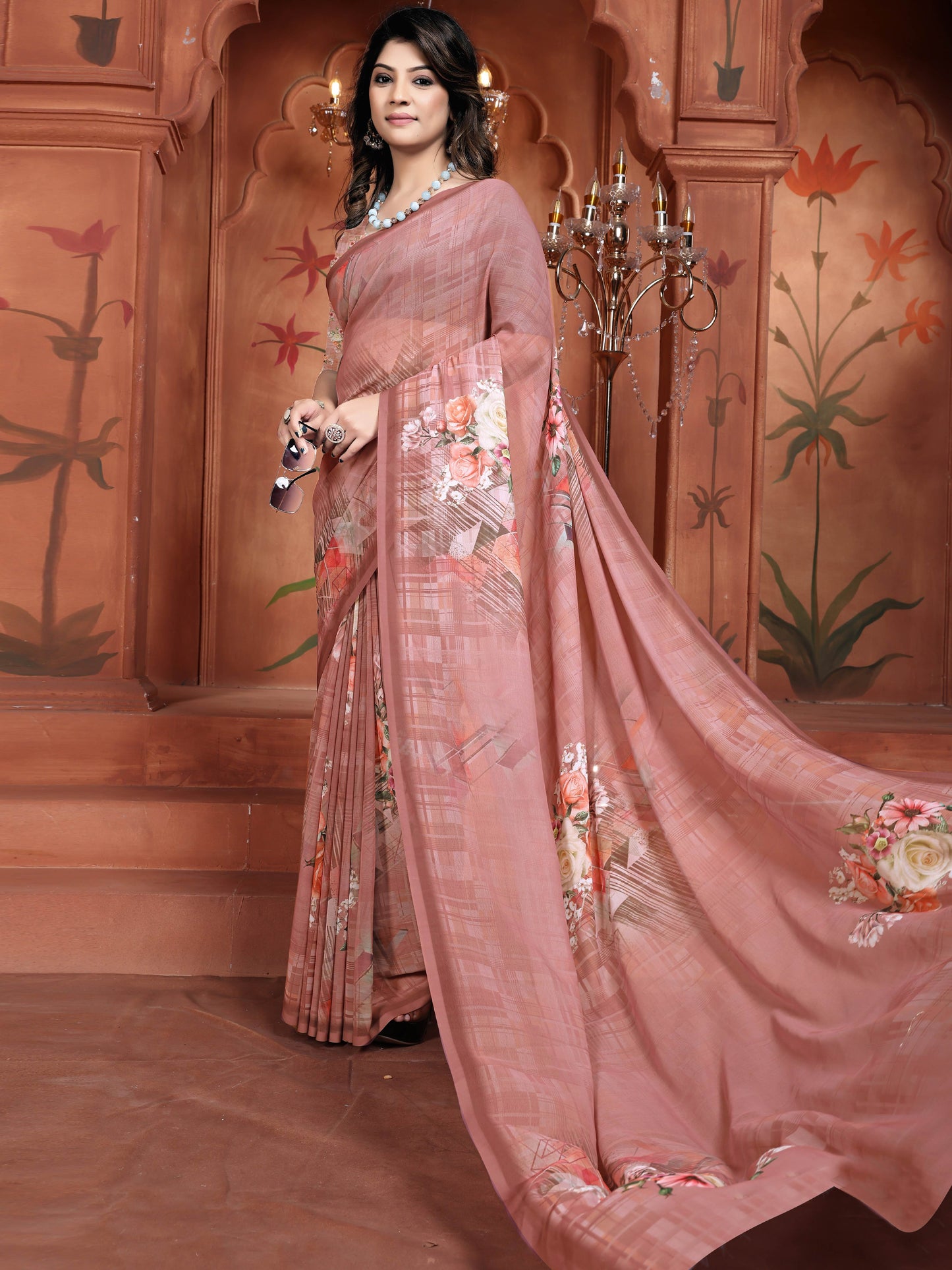 Pink Soft Georgette Saree with Digital Floral Design