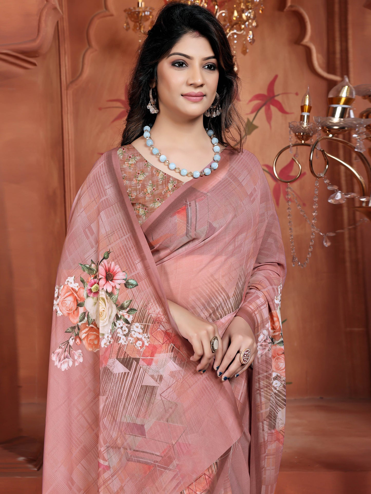 Pink Soft Georgette Saree with Digital Floral Design