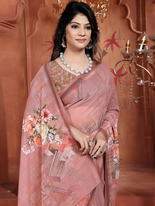 Pink Soft Georgette Saree with Digital Floral Design