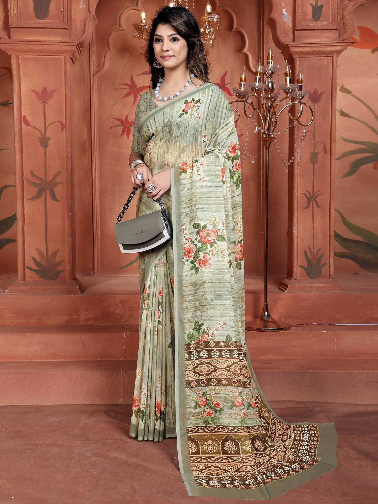 Olive Green Floral Digital Print Saree in Lightweight Georgette