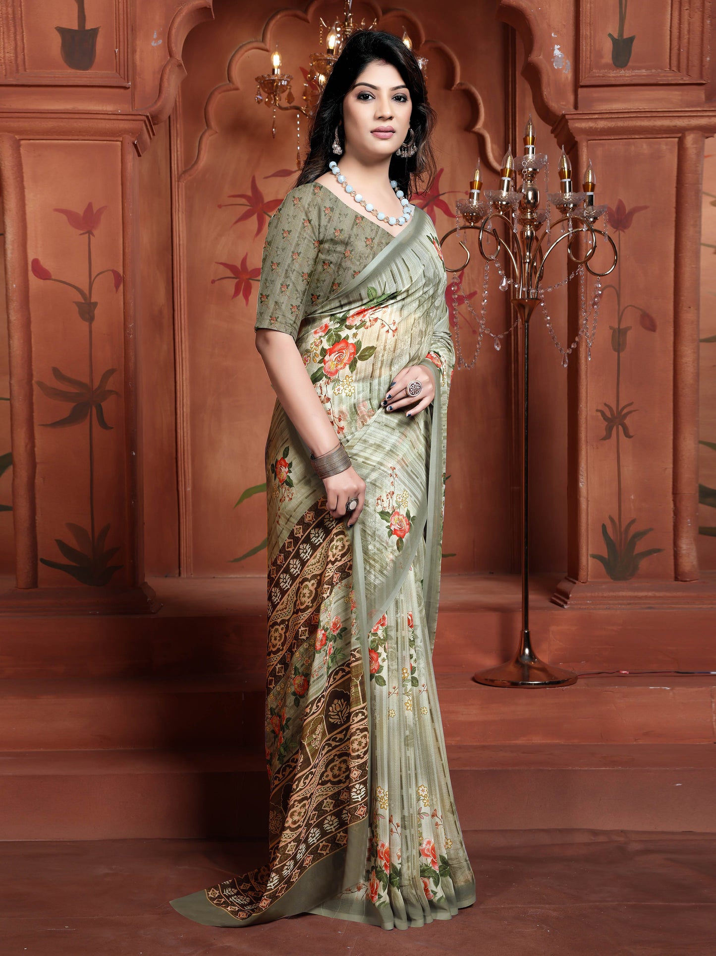 Olive Green Floral Digital Print Saree in Lightweight Georgette