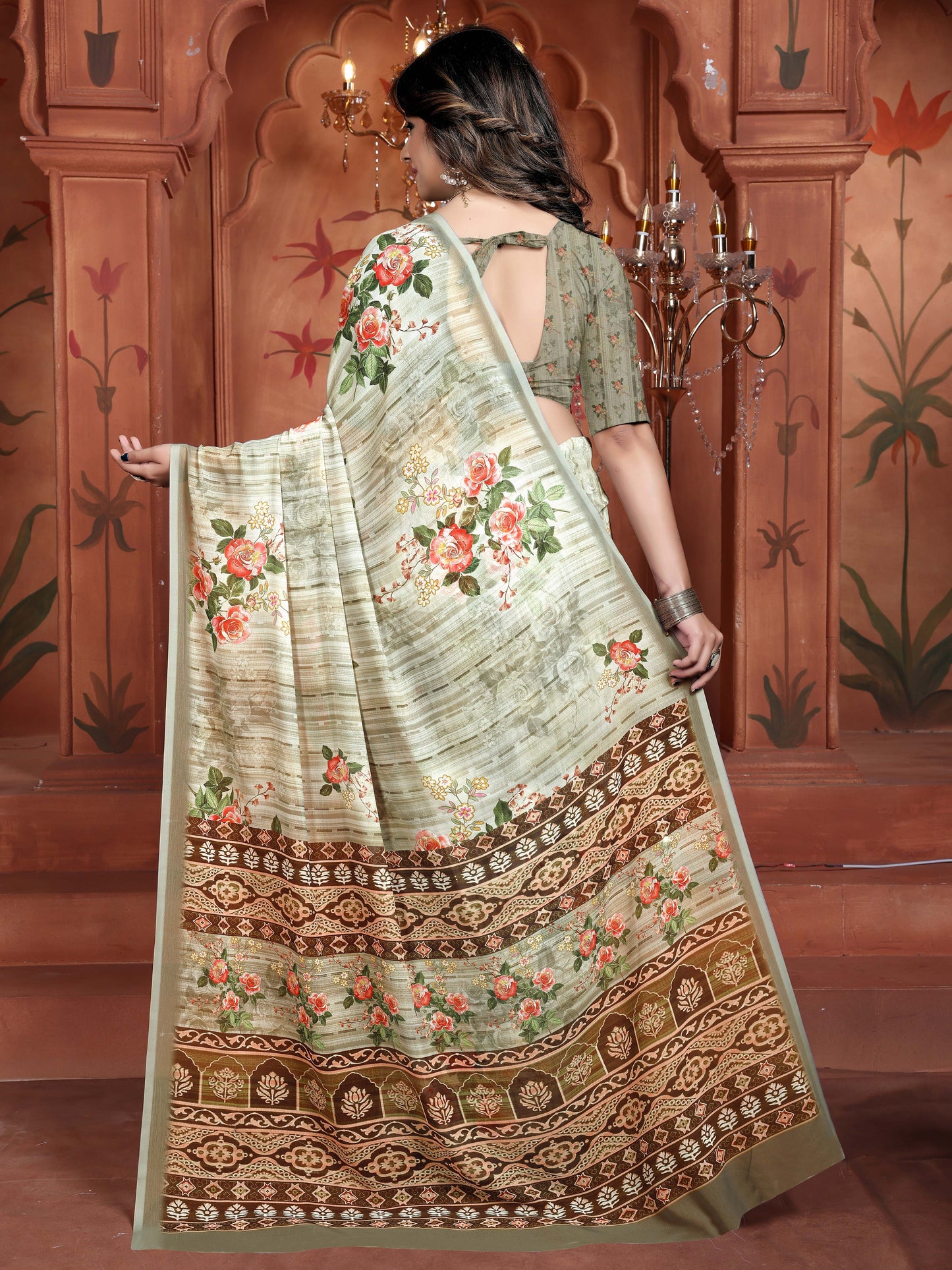 Olive Green Floral Digital Print Saree in Lightweight Georgette