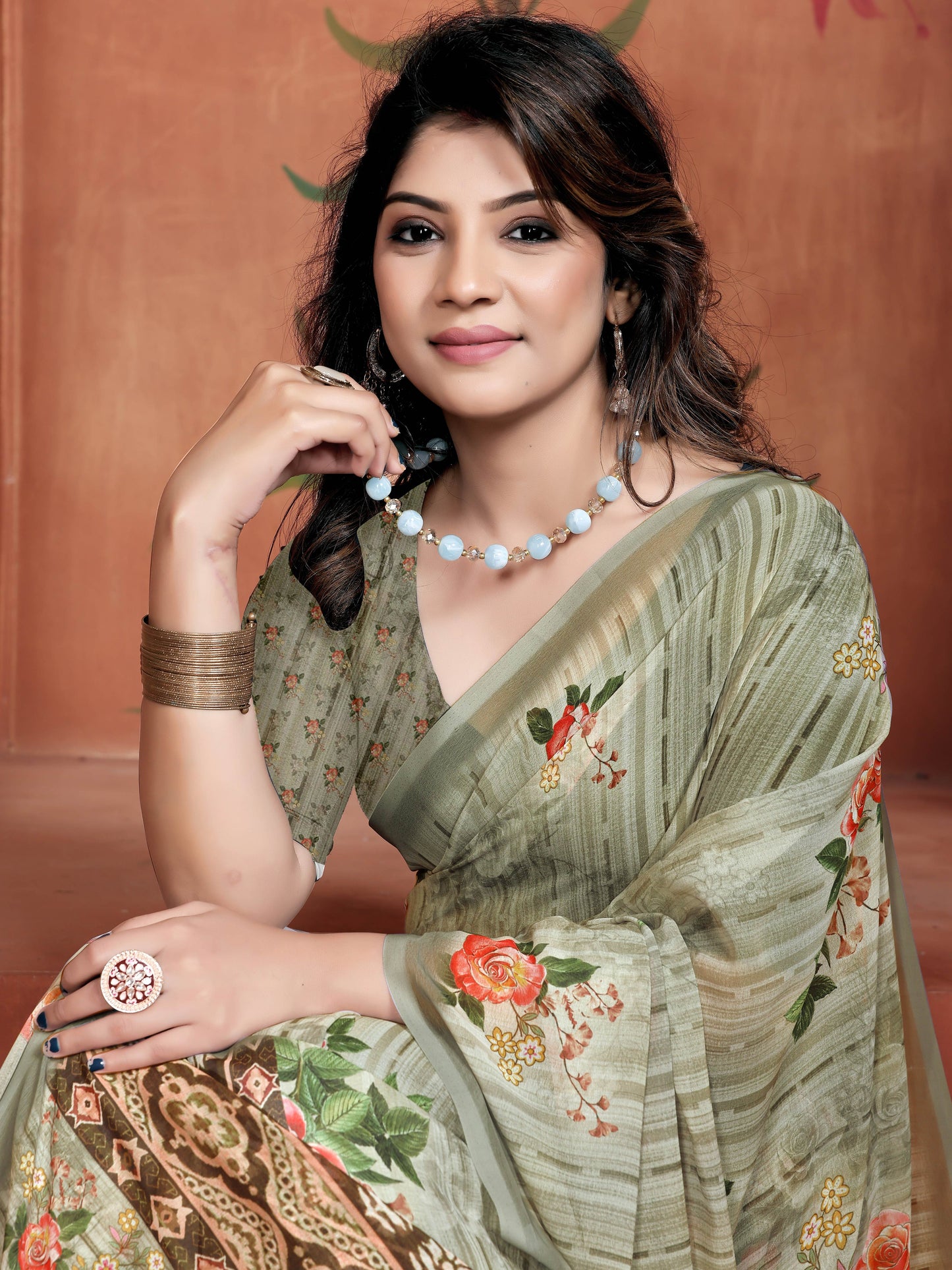 Olive Green Floral Digital Print Saree in Lightweight Georgette