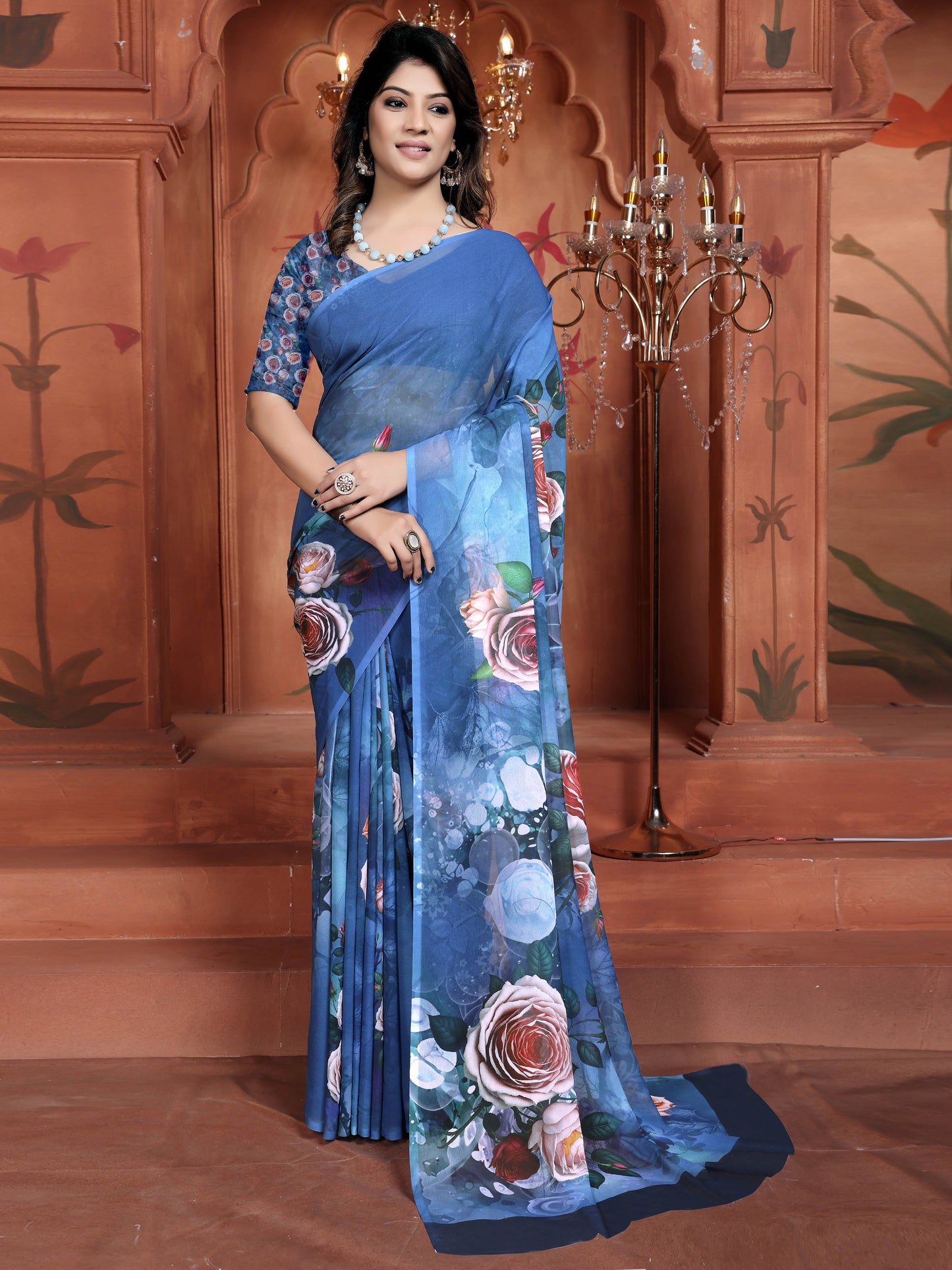 Blue Trendy Digital Floral Saree in Weightless Georgette