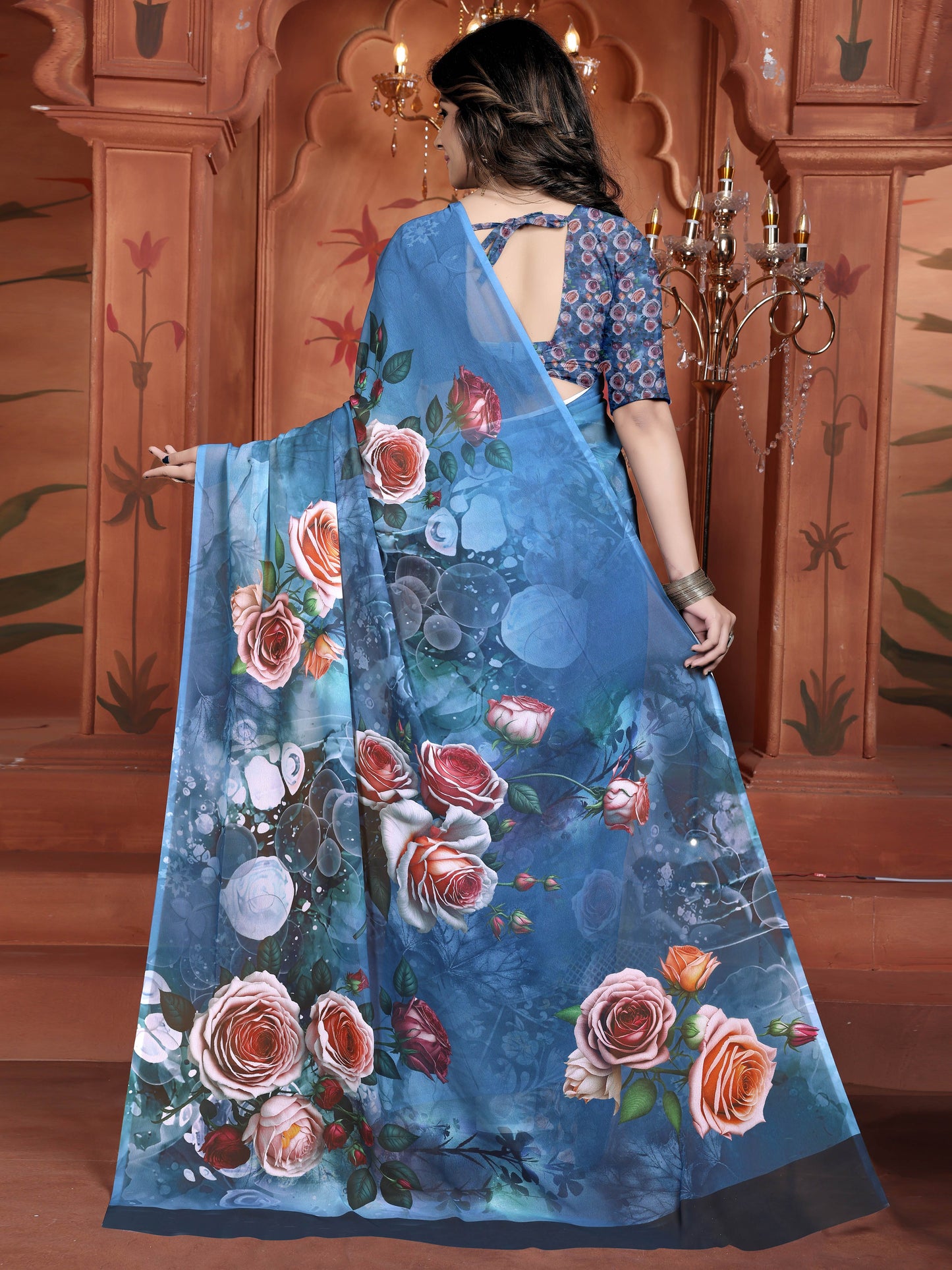 Blue Trendy Digital Floral Saree in Weightless Georgette
