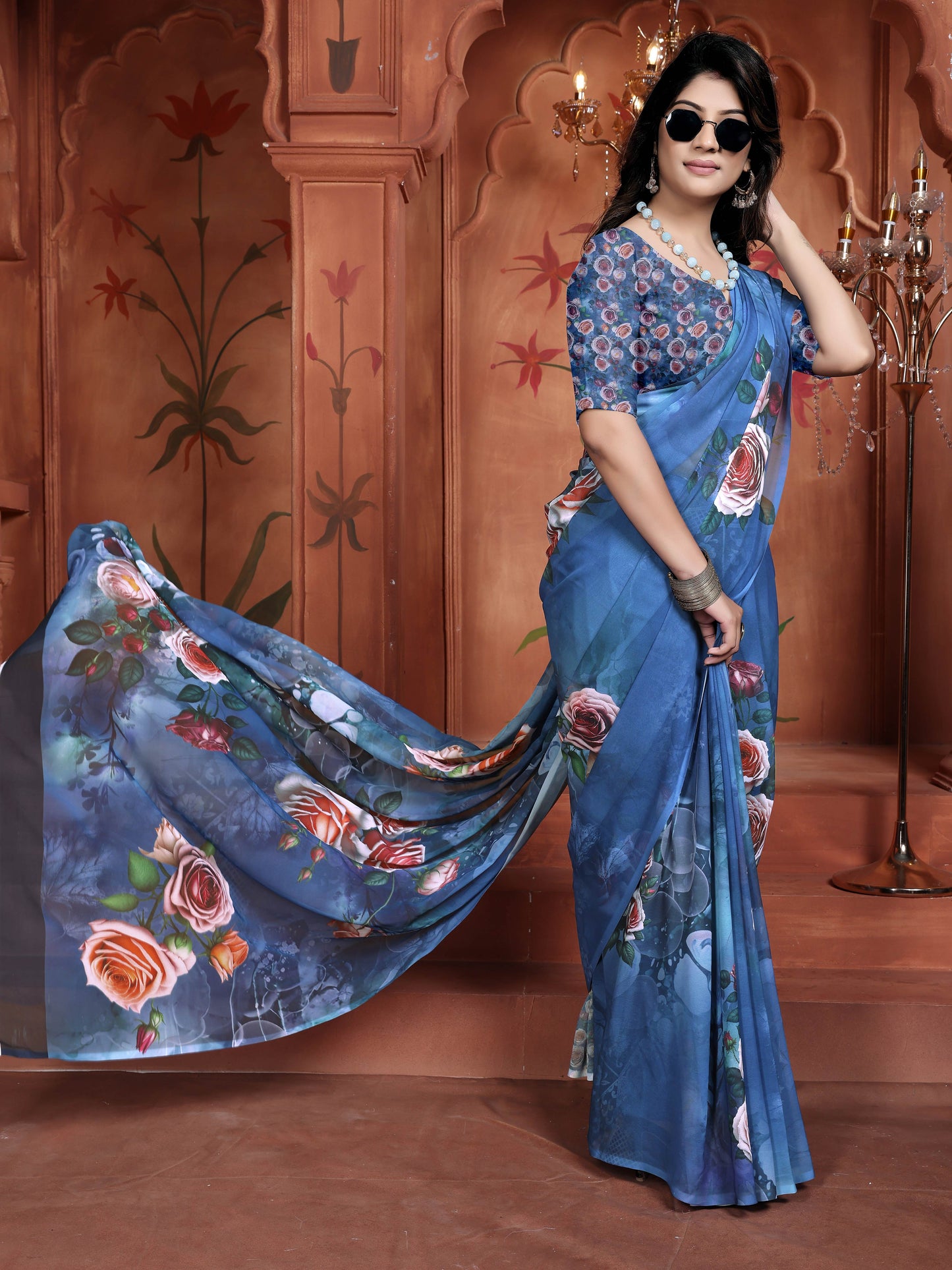 Blue Trendy Digital Floral Saree in Weightless Georgette