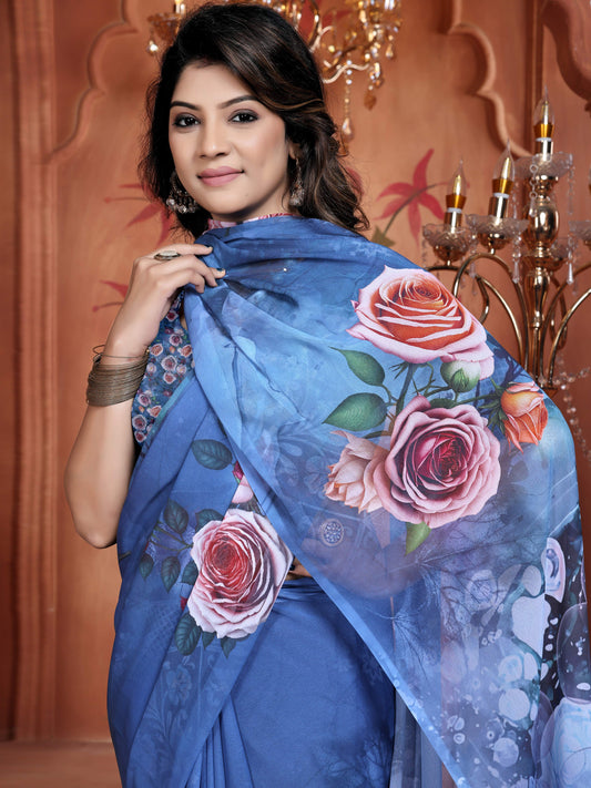 Blue Trendy Digital Floral Saree in Weightless Georgette