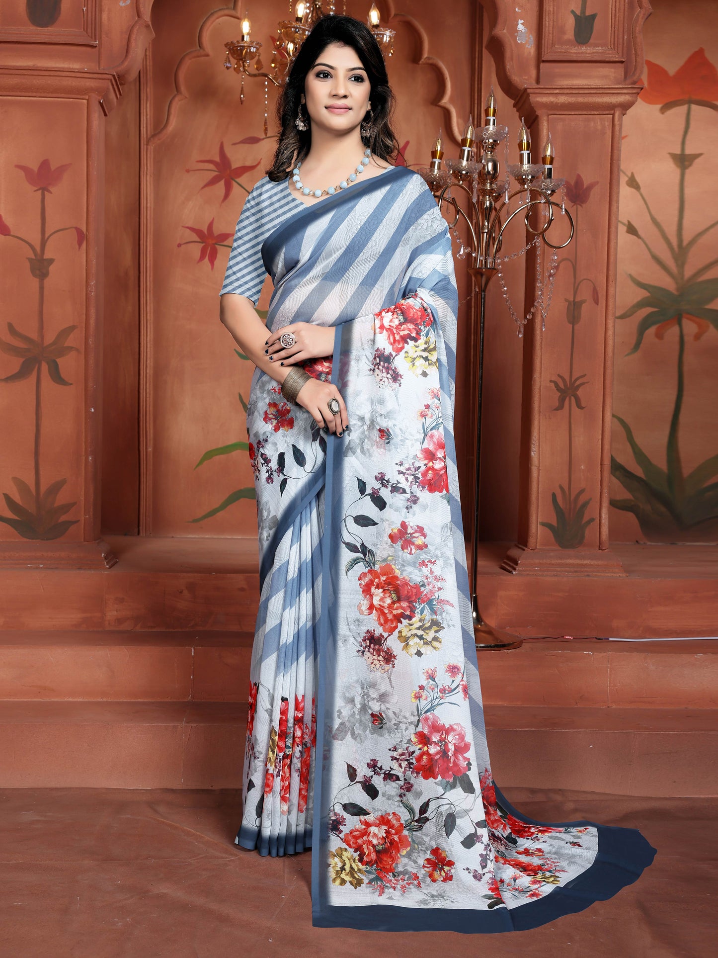 Blue Cyan Elegant Weightless Saree with Digital Floral Motifs